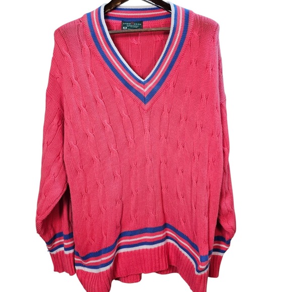 Vintage 80s Lord Jeff Pink Cable Knit Tennis Sweater XL USA Cotton Preppy V-Neck - Picture 2 of 9